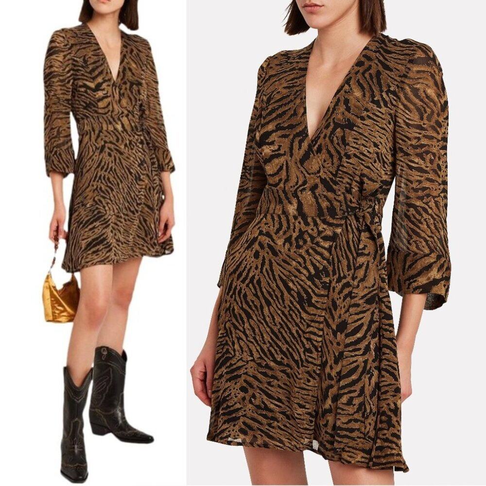 Ganni Brown & Black Tiger Print Wrap Dress